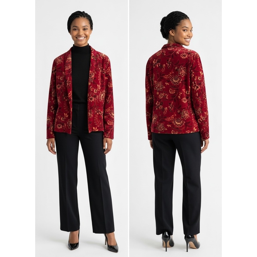 Vintage Floral Zip Front Shacket XL Red Multi Color Long Sleeve. Layering Piece